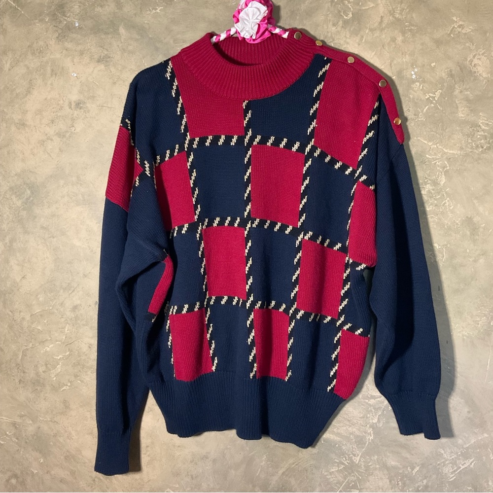 Vintage 90s Anne Klein Knitwear Oversized Checkerboard Button Shoulder Sweater